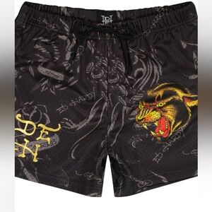 Ed Hardy Black and Gold Graphic Panther Mesh Shorts L